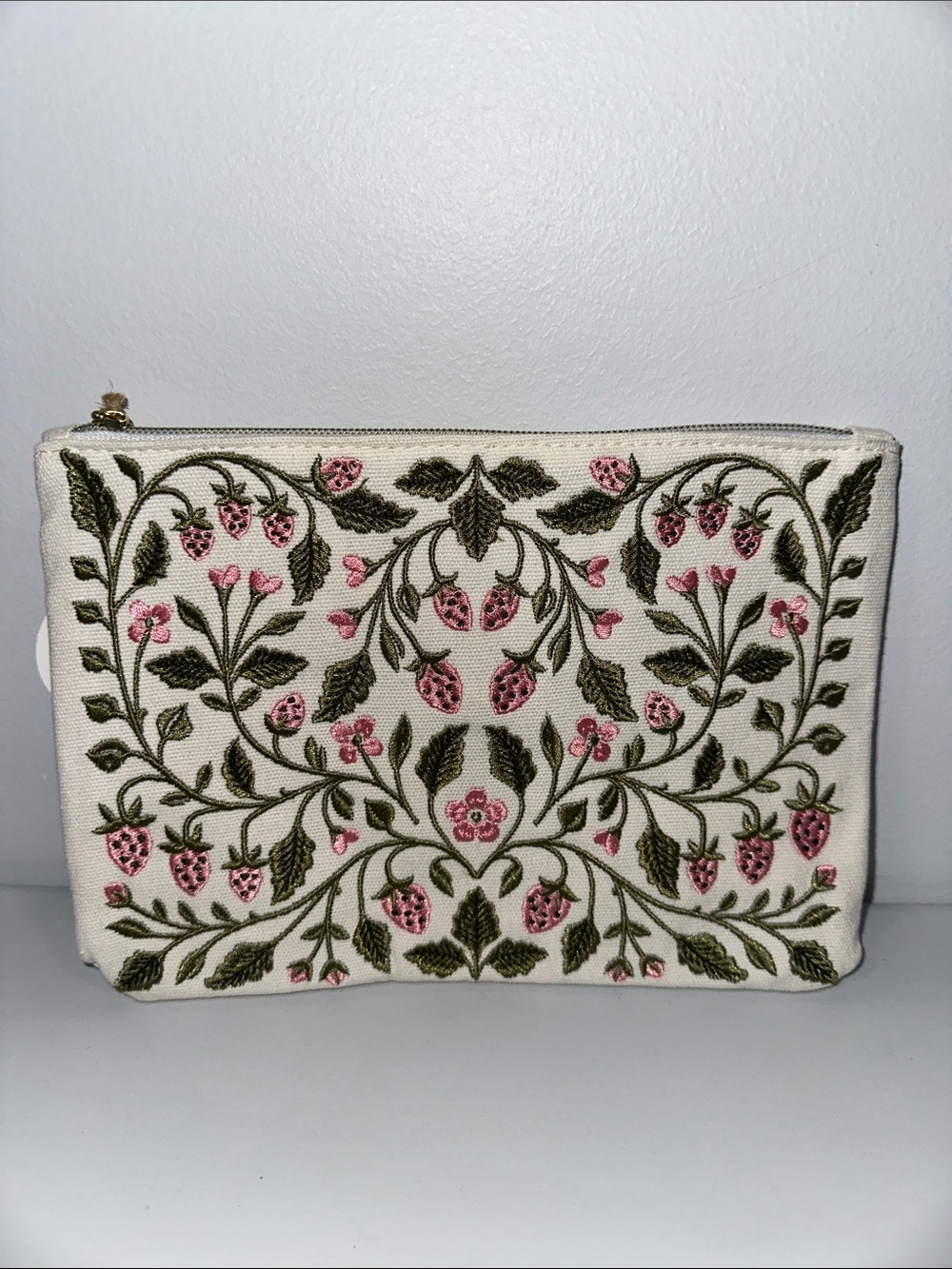 Lady JAYNE Ivory Muti Delicate Embroidered Floral Berry Canvas Gold Zip Pouch